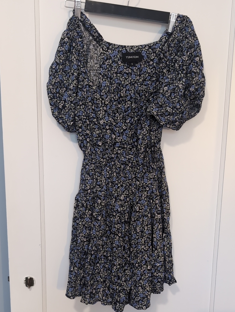 🍇 LAST CALL! Yumi Kim Black Floral Puff-Sleeve Mini Dress with Blue Flowers